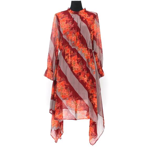 Soft Surroundings Red Floral Woodland Manor Roby Brown Stripe Dress M NEW Hi-Low - Picture 2 of 8